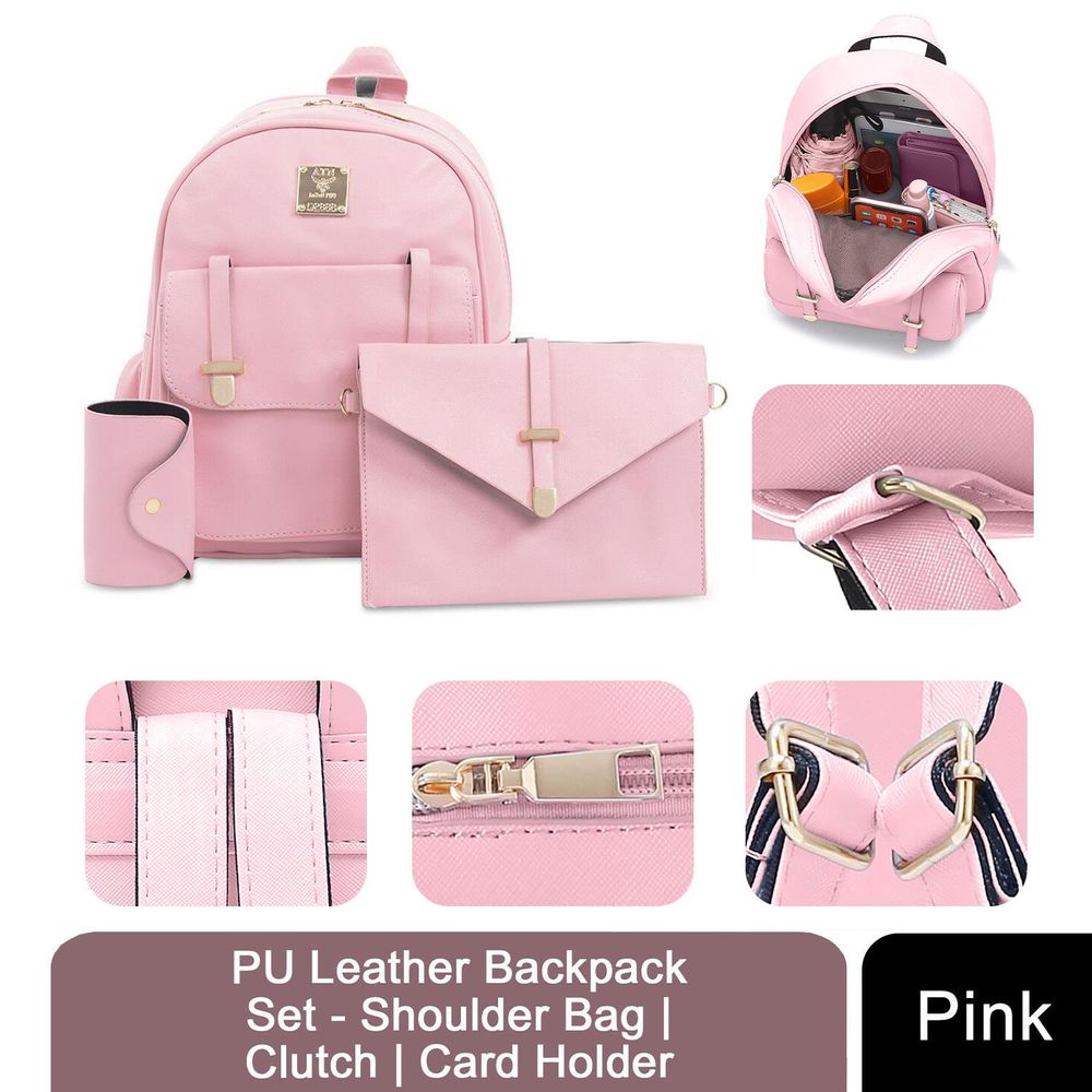 Women PU Leather 3pcs Set - Shoulder Bag, Clutch & Card Holder Pink