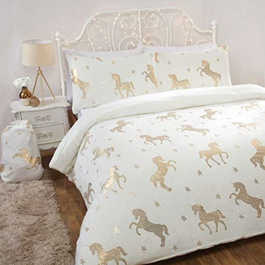 FOIL FLEECE UNICORN IVORY DUVET SET DB