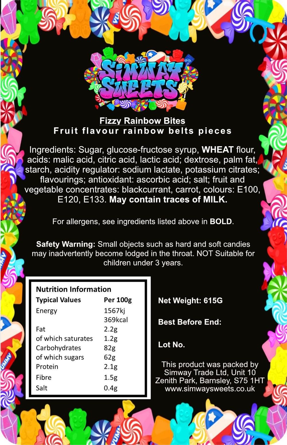 Fizzy Rainbow Bites Mini Fizzy Belts Retro Sweets Gift Jar