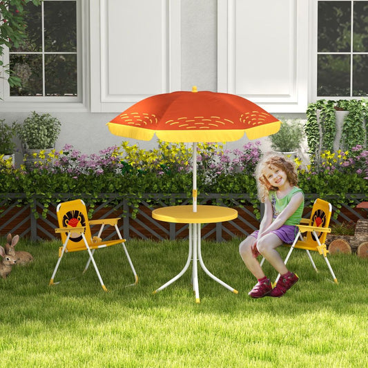 Kids Picnic Table and Chair Set, Lion Themed Outdoor Garden Furniture w/ Foldable Chairs, Adjustable Parasol - Yellow