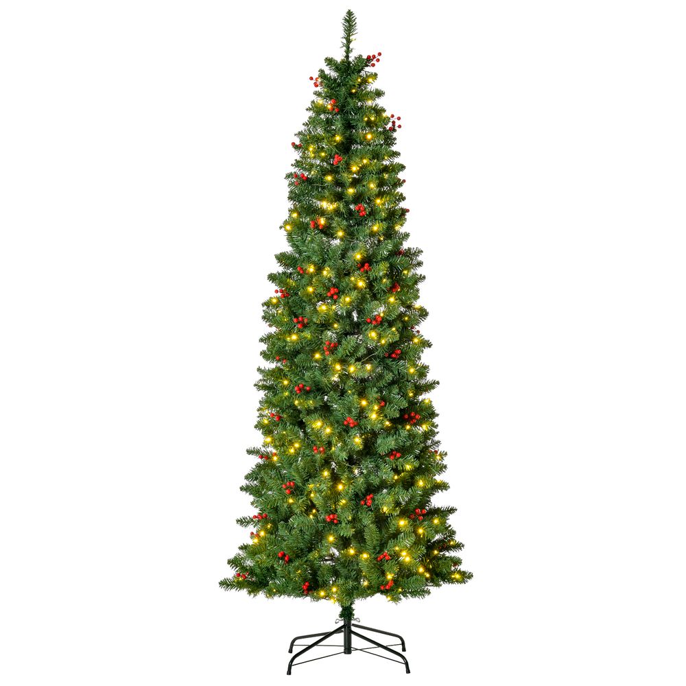 7FT Prelit Artificial Pencil Christmas Tree with Warm White LED Lights and Red Berries