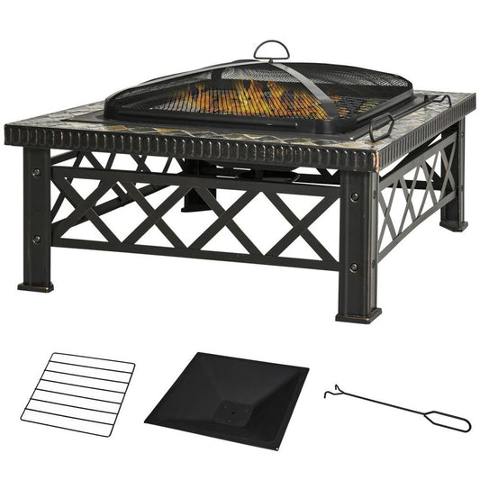 76cm Square Garden Fire Pit Square Table with Poker Mesh Cover Log Grate