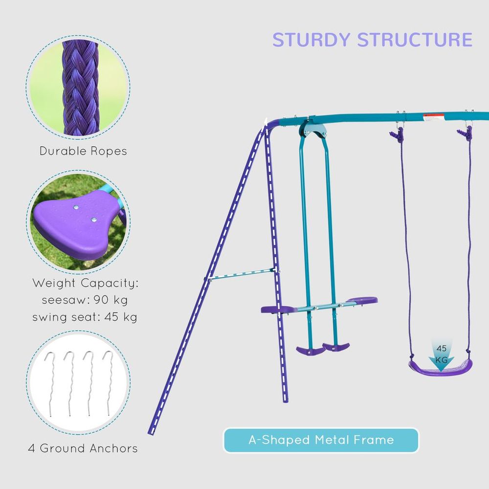 Height Adjustable Metal Swing Set with Glider, Two Swing Seats and Adjustable Height