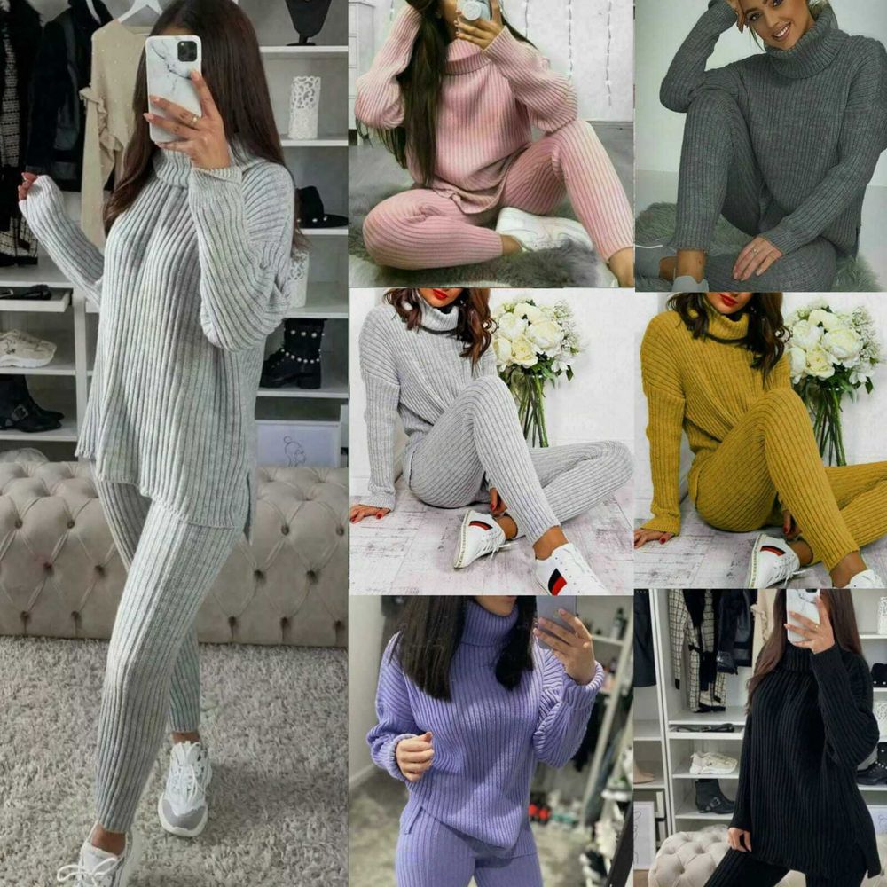 Ladies Chunky Knitted Ribbed Polo High Neck Top Leggings Loungewear Suit Set