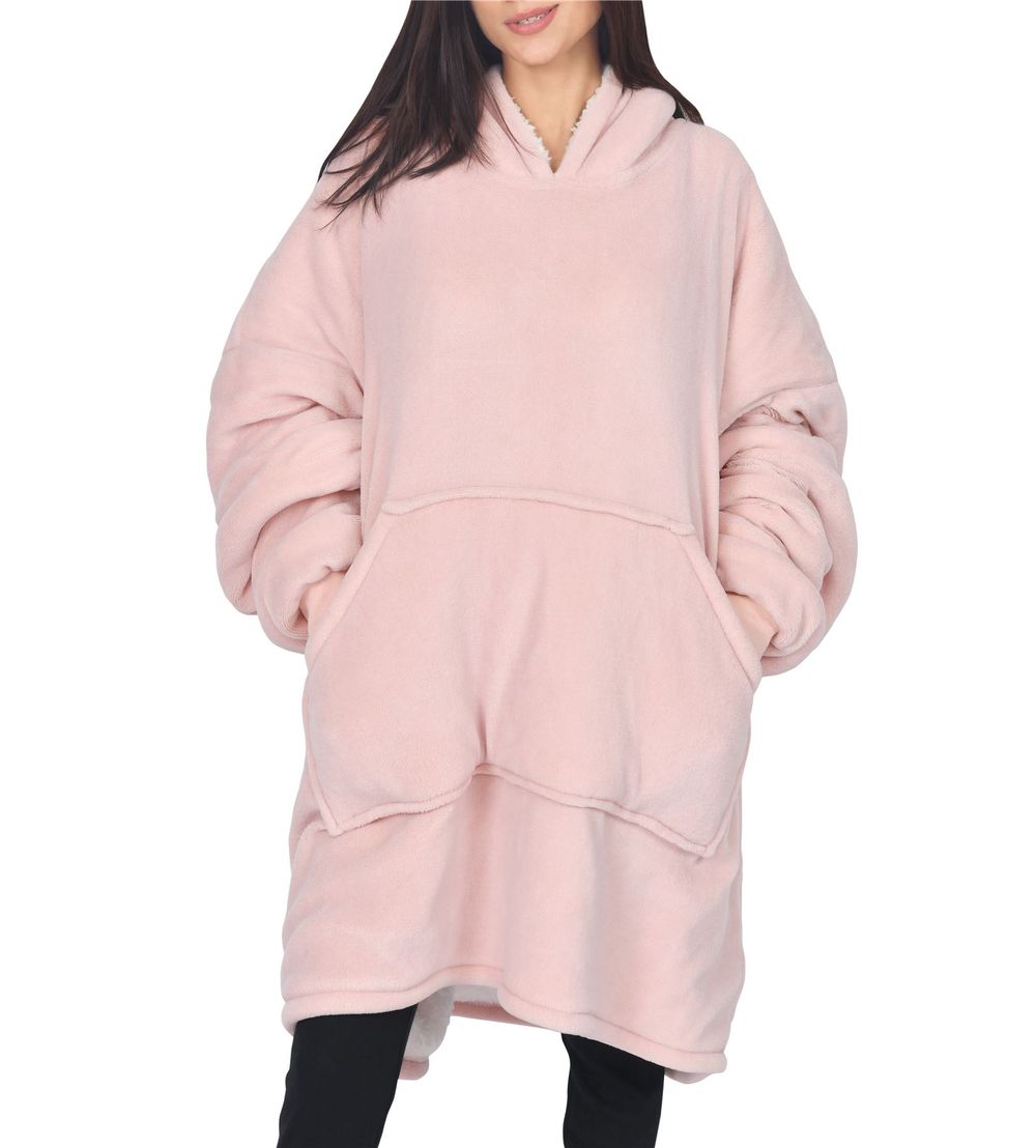 UNISEX CORAL FLEECE DOUBLE LAYER SOLID BLANKET HOODIE PINK