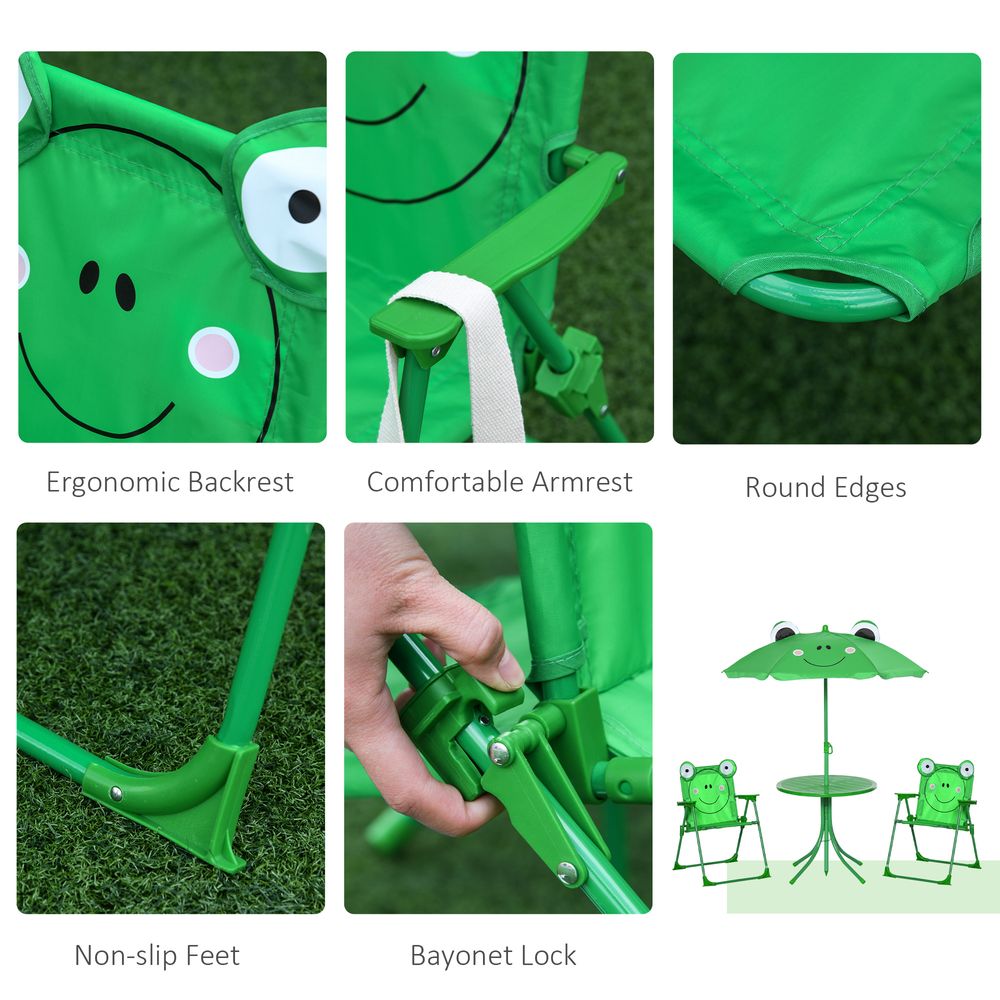 Foldable Patio Kids Metal Picnic Table with Frog Umbrella in Green - 4 Piece Set