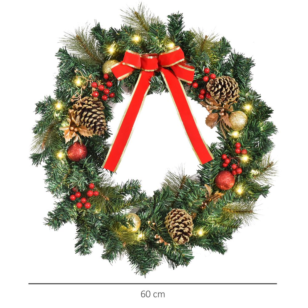 60cm Pre-Lit Artificial Christmas Door Wreath Holly LED Decor with Pine Cones