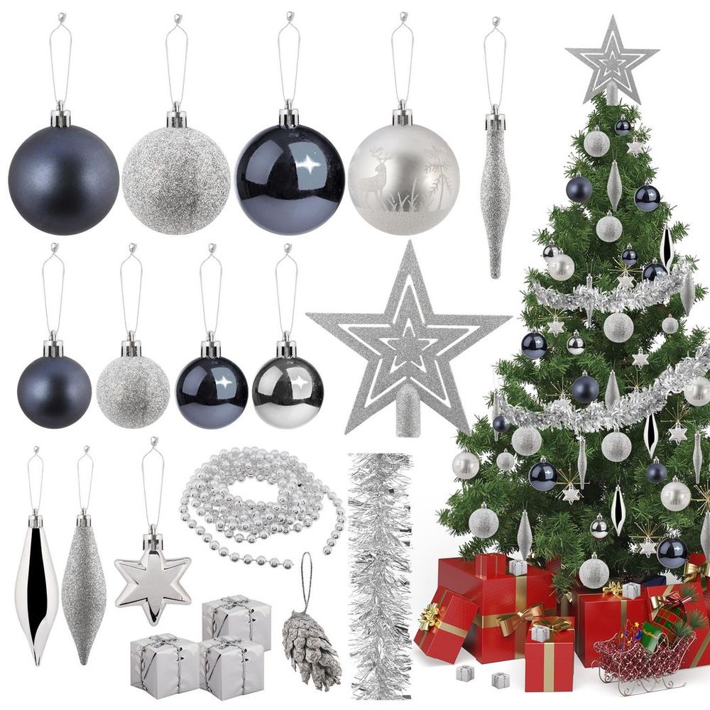 62PC Christmas Baubles Set Silver