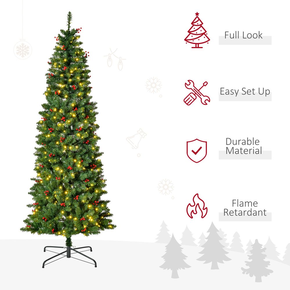 7FT Prelit Artificial Pencil Christmas Tree with Warm White LED Lights and Red Berries