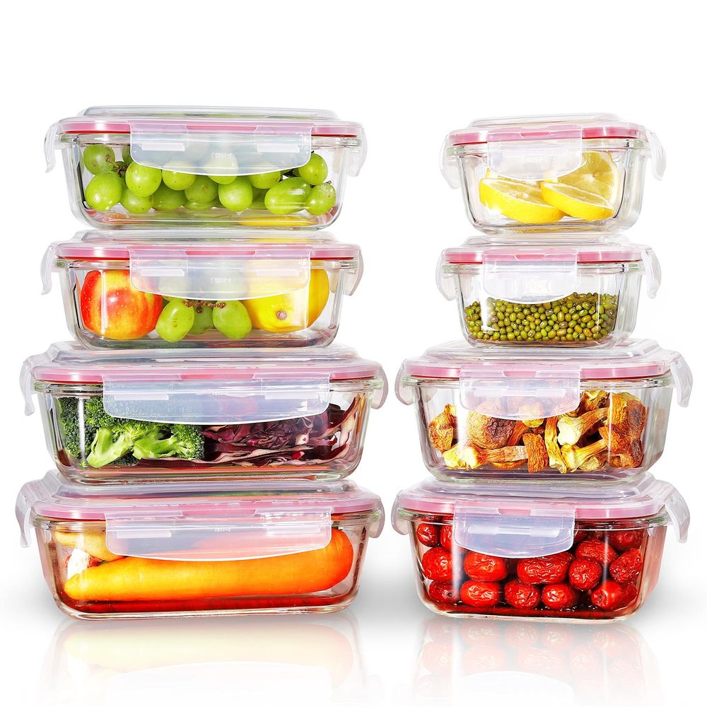 Vinsani Glass Food Storage 8-Pack Containers Rectangle Food Meal Prep Lunch Boxes with Lids Airtight Heat Resistant Leakproof Lid BPA-Free Dishwasher Microwave Oven Freezer Safe