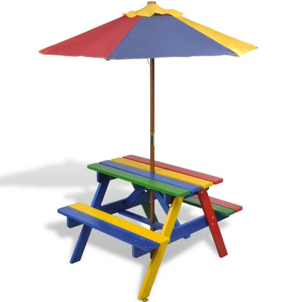 Kids Picnic Table with Benches and Parasol - Multicolour Wood