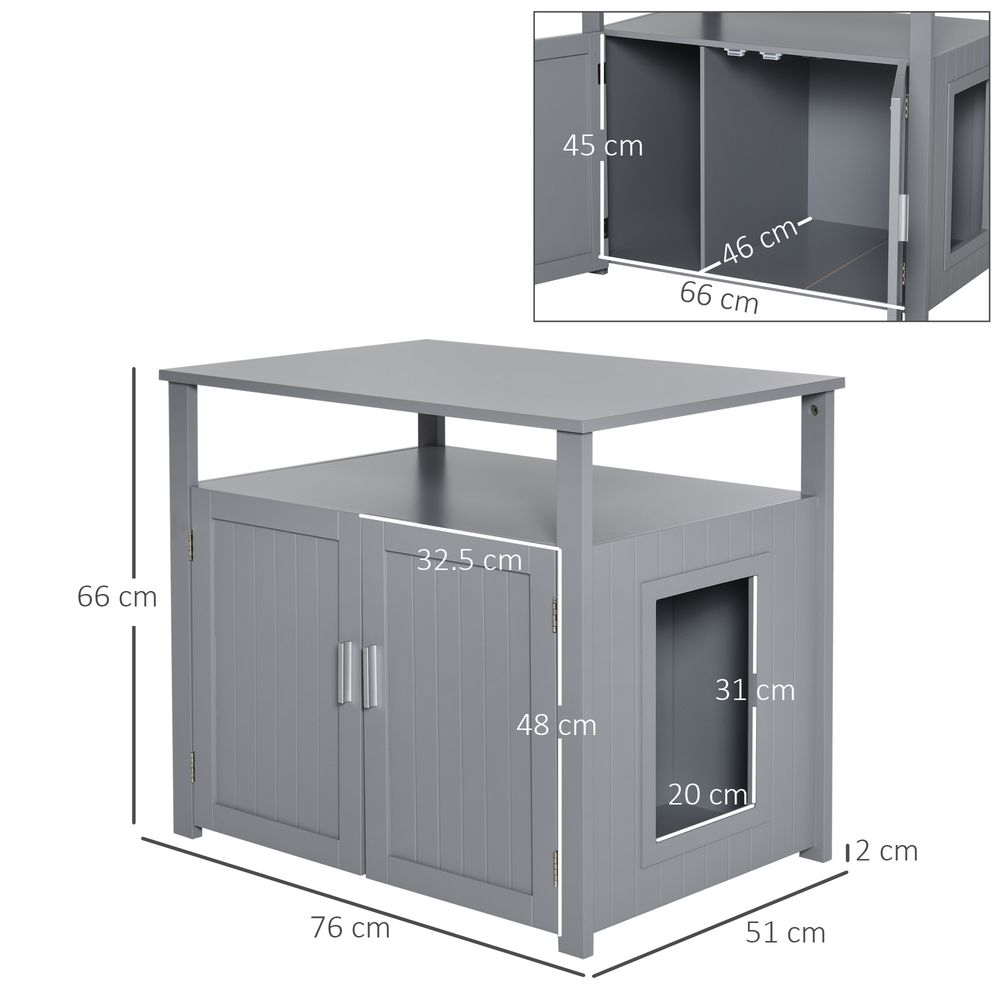 Wooden Cat Litter Box Enclosure Furniture with Adjustable Interior Wall & Large Tabletop for Nightstand, Grey