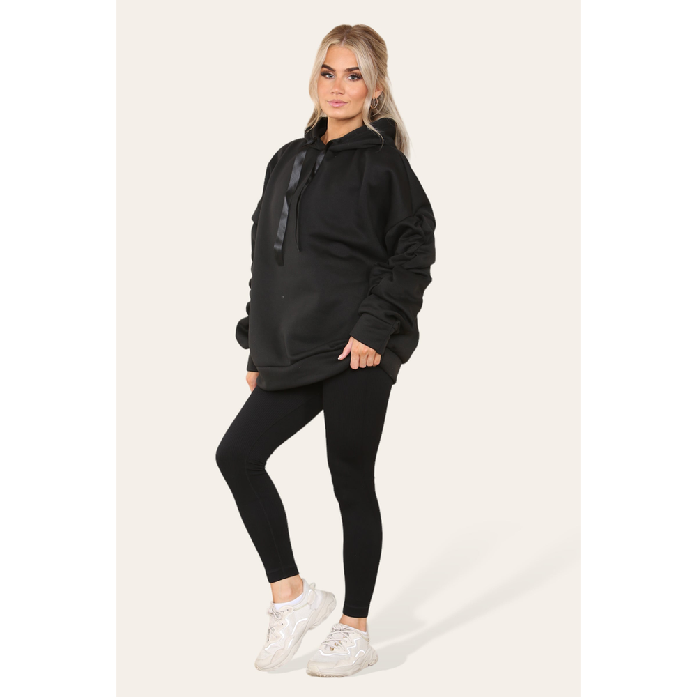 Oversized Ruched Sleeves Hoodie With Satin Ribbon