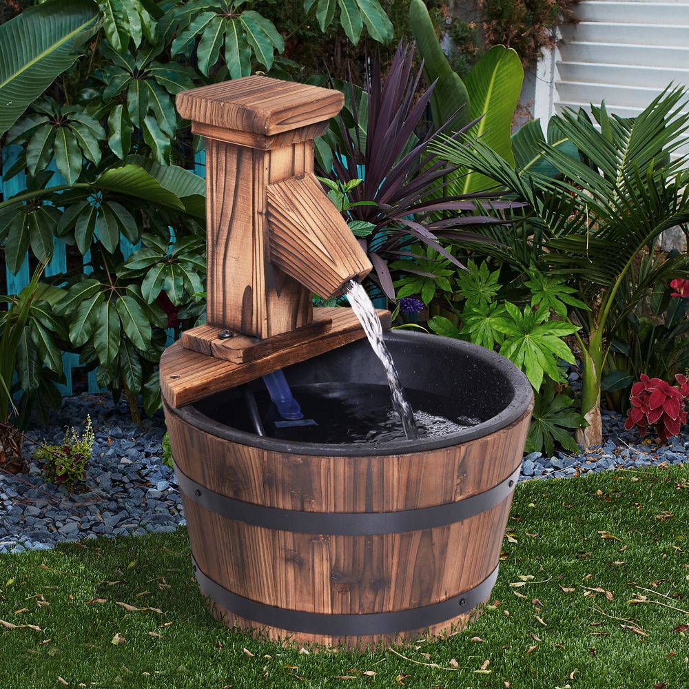 Wood Barrel Pump Patio Water Fountain Water Feature Electric Garden