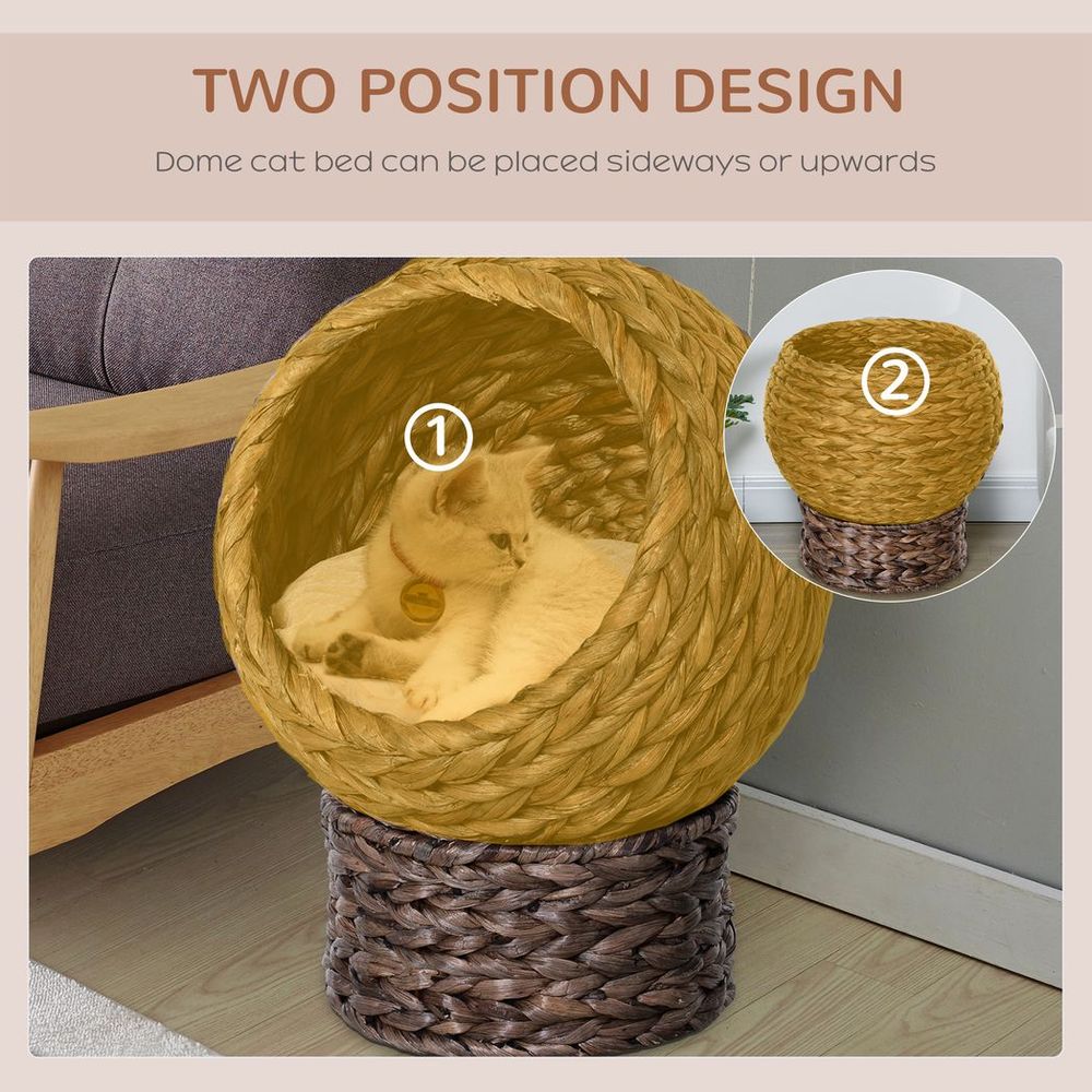 Wicker Cat House, Raised Cat Bed with Cylindrical Base, 42 x 33 x 52cm - Brown