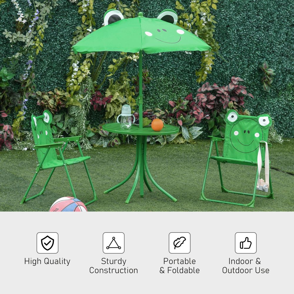 Foldable Patio Kids Metal Picnic Table with Frog Umbrella in Green - 4 Piece Set