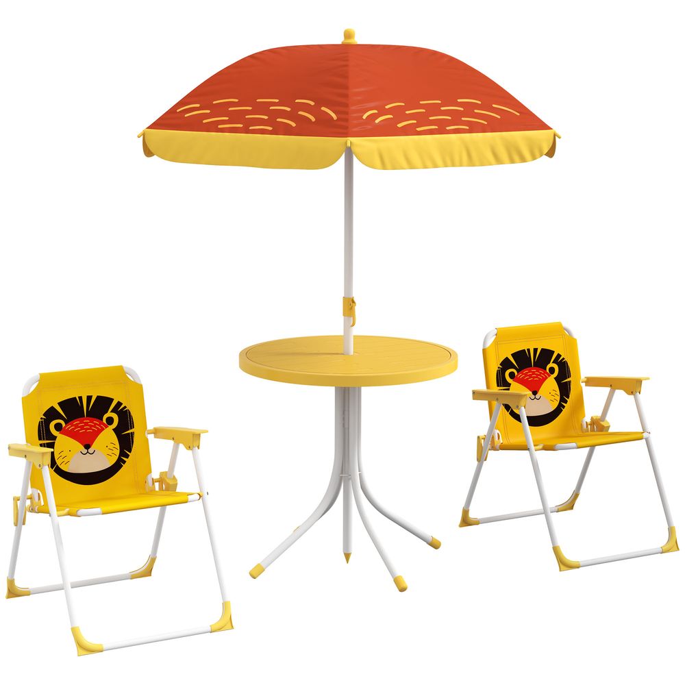 Kids Picnic Table and Chair Set, Lion Themed Outdoor Garden Furniture w/ Foldable Chairs, Adjustable Parasol - Yellow