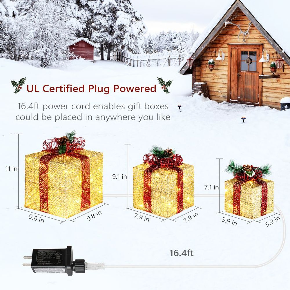 3pcs 10 Inch-8 Inch-6 Inch Golden Gift Box Garden Gift Box Decoration 5M Long Power Cord UK Gauge