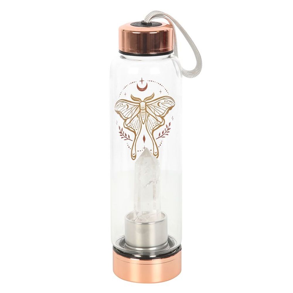 Luna Moth Glass Water Bottle with Clear Quartz Crystal