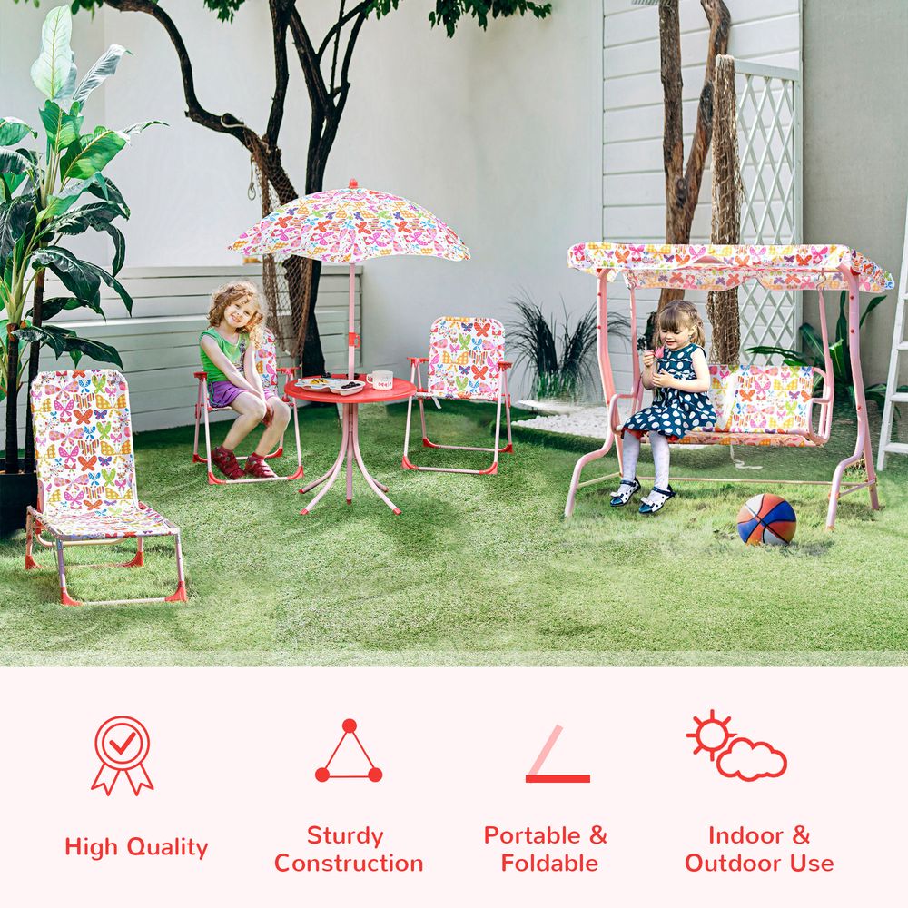 Outsunny Kids Folding Picnic Table Chair Set Butterfly Pattern Outdoor Parasol