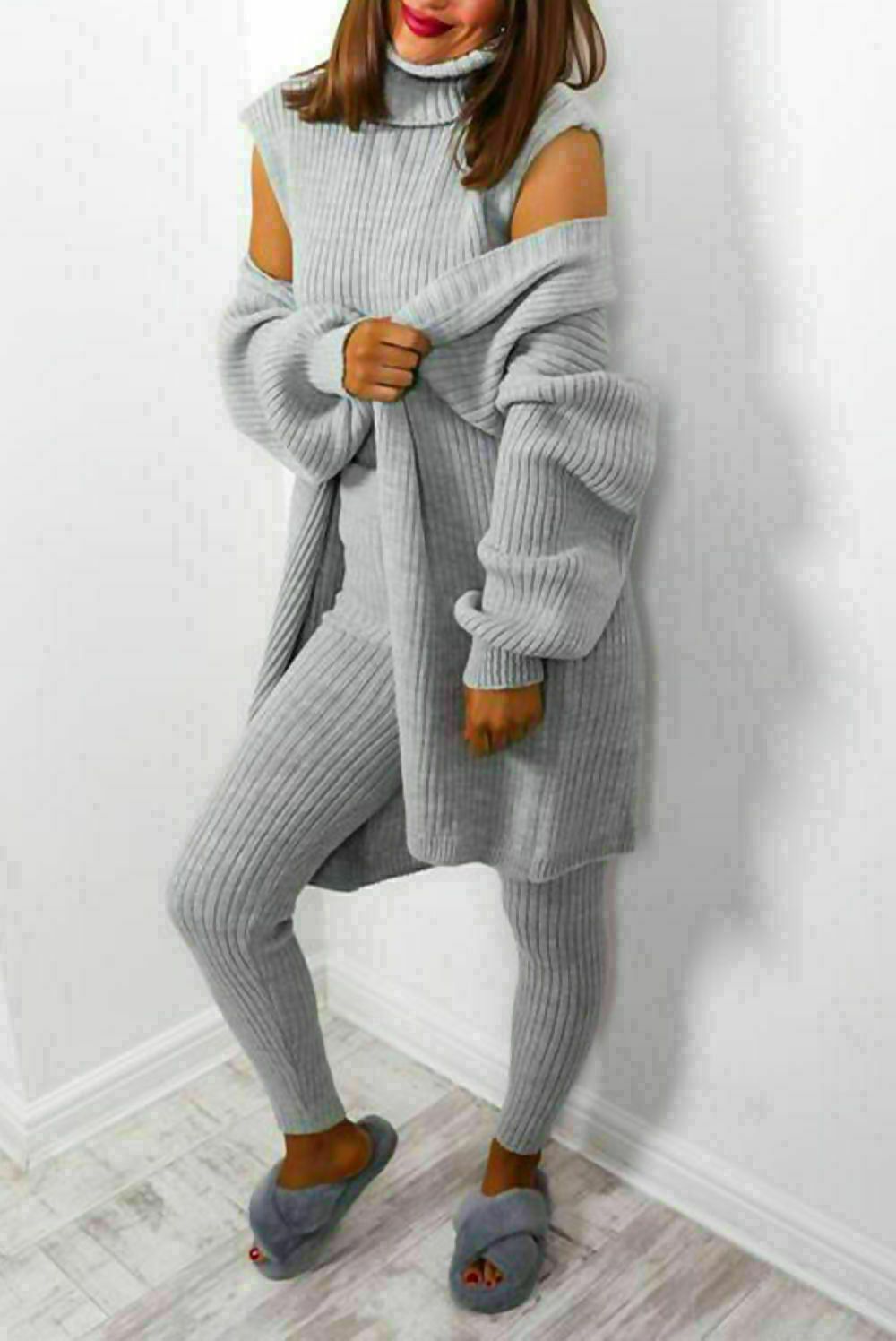 Ladies 3 Piece Suit Roll Neck Chunky Knitted Ribbed Tracksuit Lounge Set (One Size 8-14)