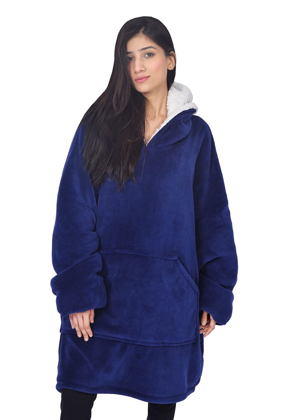 UNISEX CORAL FLEECE DOUBLE LAYER SOLID BLANKET HOODIE NAVY