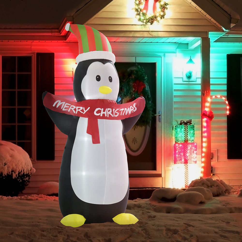 8ft Inflatable Penguin & Christmas Banner Decoration with Inner LED Lights