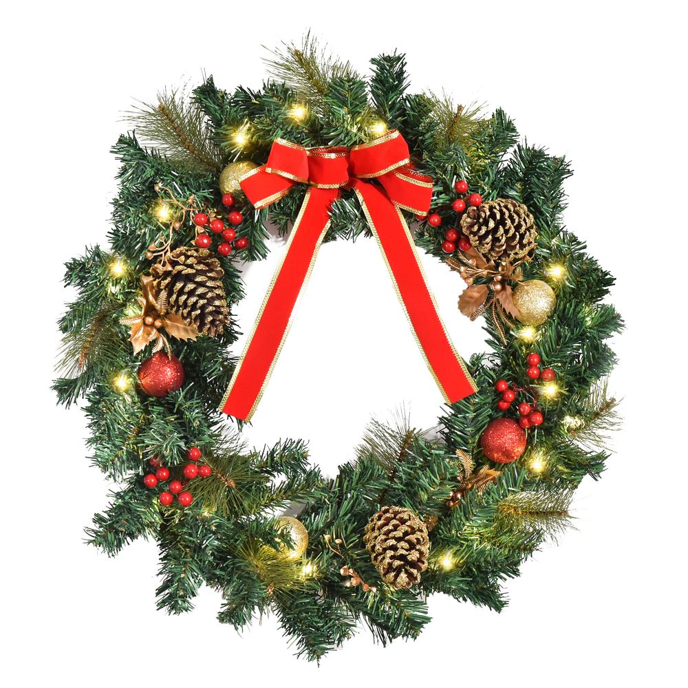 60cm Pre-Lit Artificial Christmas Door Wreath Holly LED Decor with Pine Cones