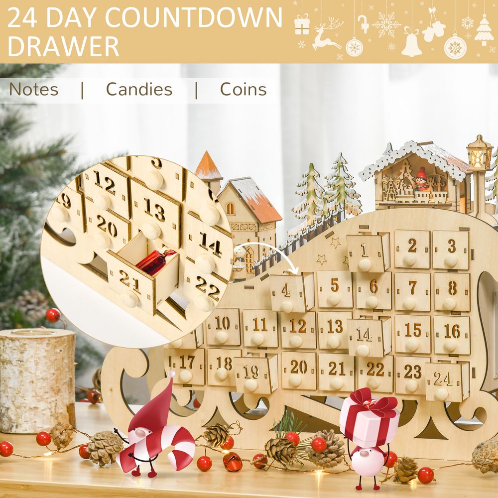 Christmas Advent Calendar Light Up Wooden Sleigh Countdown Natural