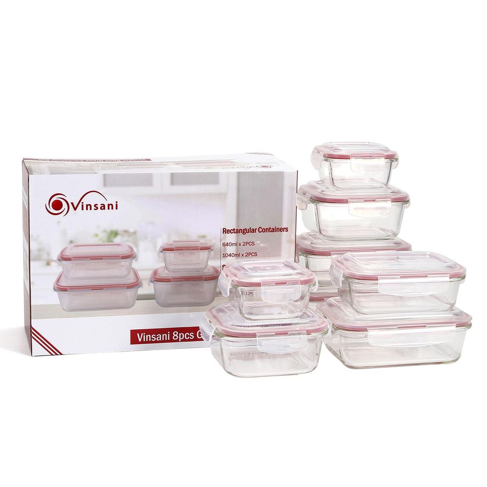 Vinsani Glass Food Storage 8-Pack Containers Rectangle Food Meal Prep Lunch Boxes with Lids Airtight Heat Resistant Leakproof Lid BPA-Free Dishwasher Microwave Oven Freezer Safe