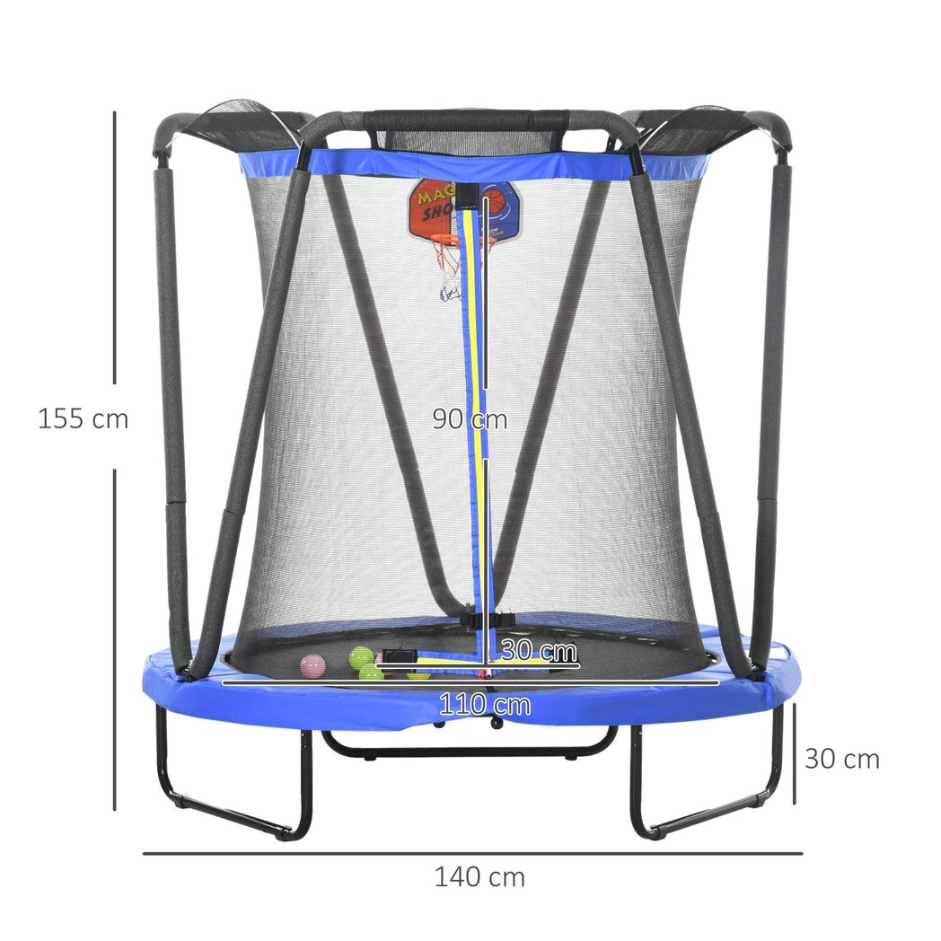 4.6FT Kids Trampoline with Enclosure, Basketball, Sea Balls - Blue