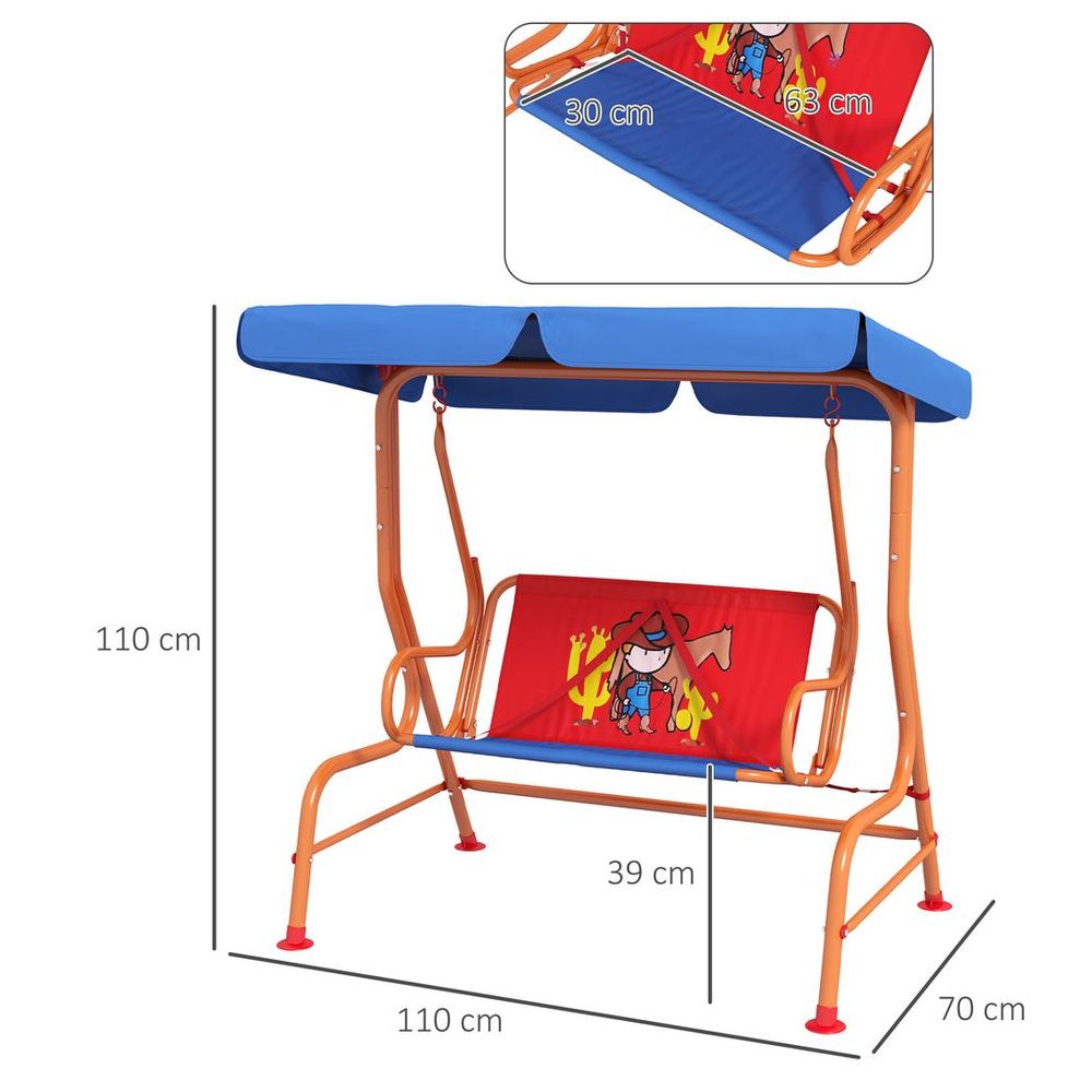 Two Seater Kids Garden Swing, Cowboy Themed kids Swing Chair with Adjustable Canopy, Safety Belts