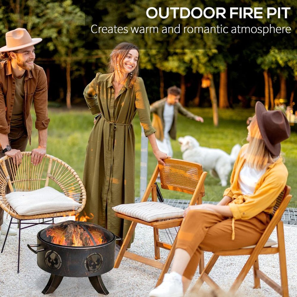 61cm Outdoor Fire Pit Patio Heater Charcoal Log Wood Burner with Screen Cover, Fire Bowl with Poker for Backyard, Bronze Tone