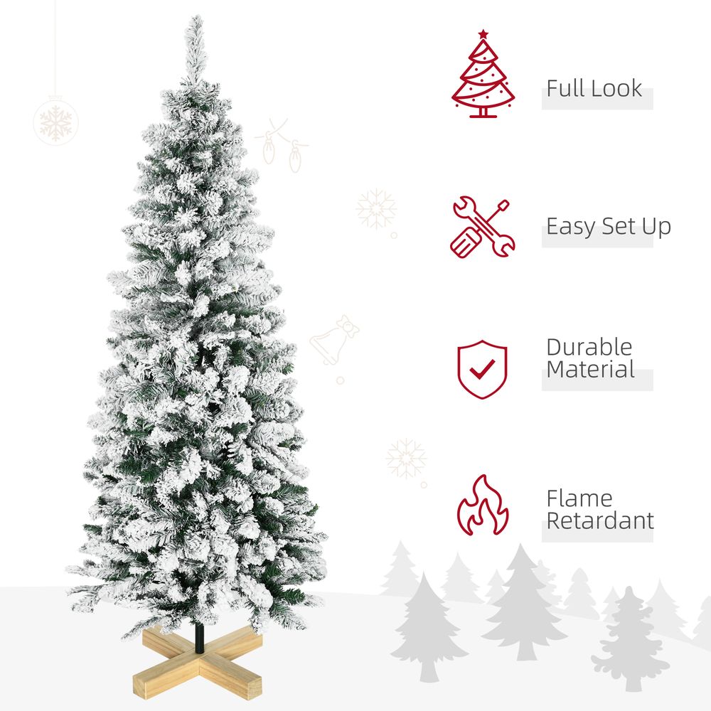 5FT Snow Flocked Artificial Christmas Pencil Tree with Realistic Branches, Auto Open, Pinewood Base - Green