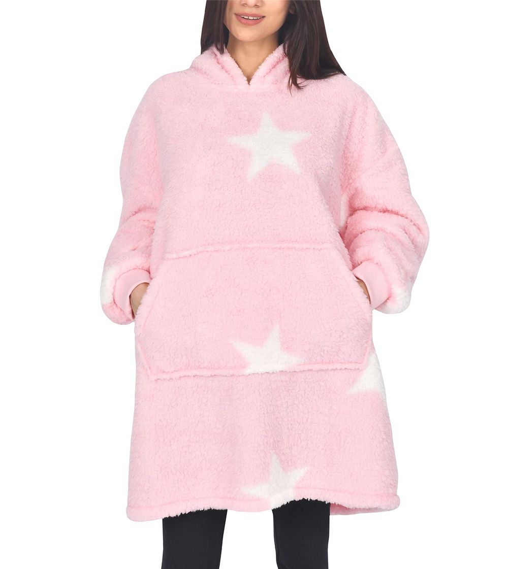 LADIES SINGLE LAYER BORG BLANKET HOODIE PINK