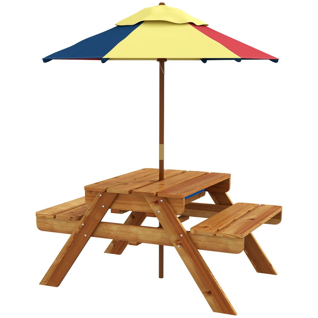 Kids Picnic Table Set with Sand and Water Table Removable Parasol - Brown