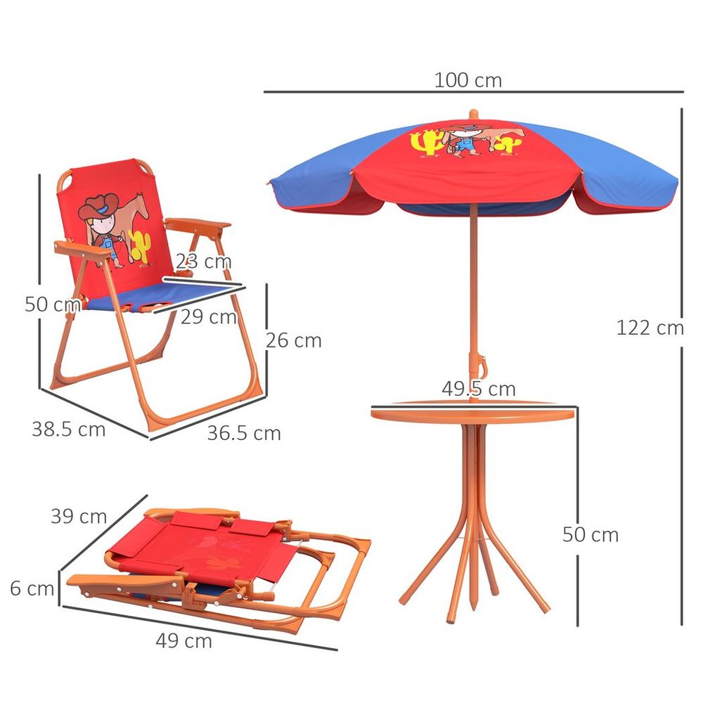 Kids Picnic Table and Chair Set, Cowboy Themed Outdoor Garden Furniture w/ Foldable Chairs, Adjustable Parasol