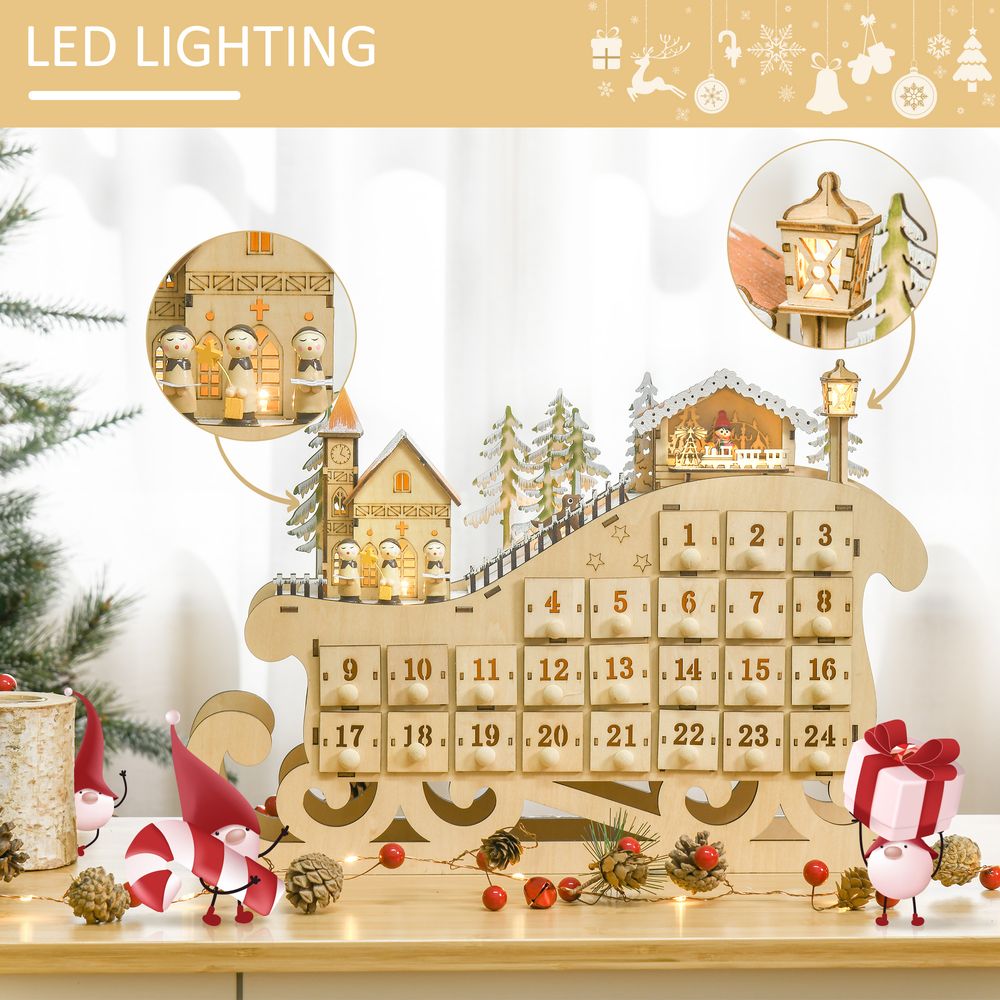 Christmas Advent Calendar Light Up Wooden Sleigh Countdown Natural