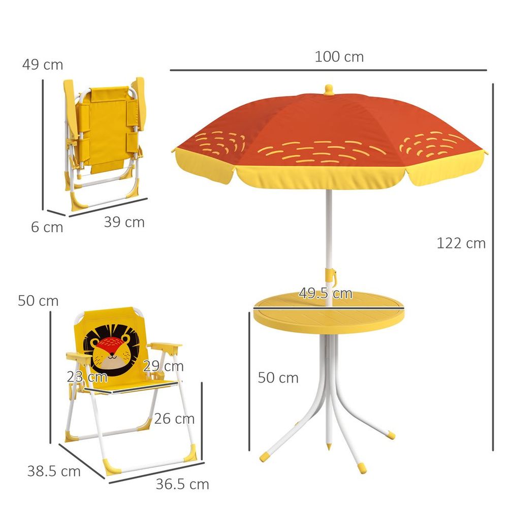 Kids Picnic Table and Chair Set, Lion Themed Outdoor Garden Furniture w/ Foldable Chairs, Adjustable Parasol - Yellow