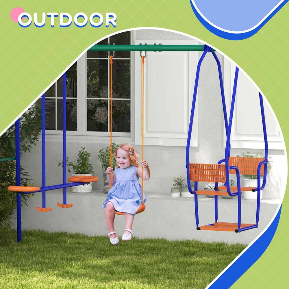 Three-In-One Kids Metal Swing Set with Swing, Glider, Rocking Chair Swing, for Ages 3+ years - Orange and Blue