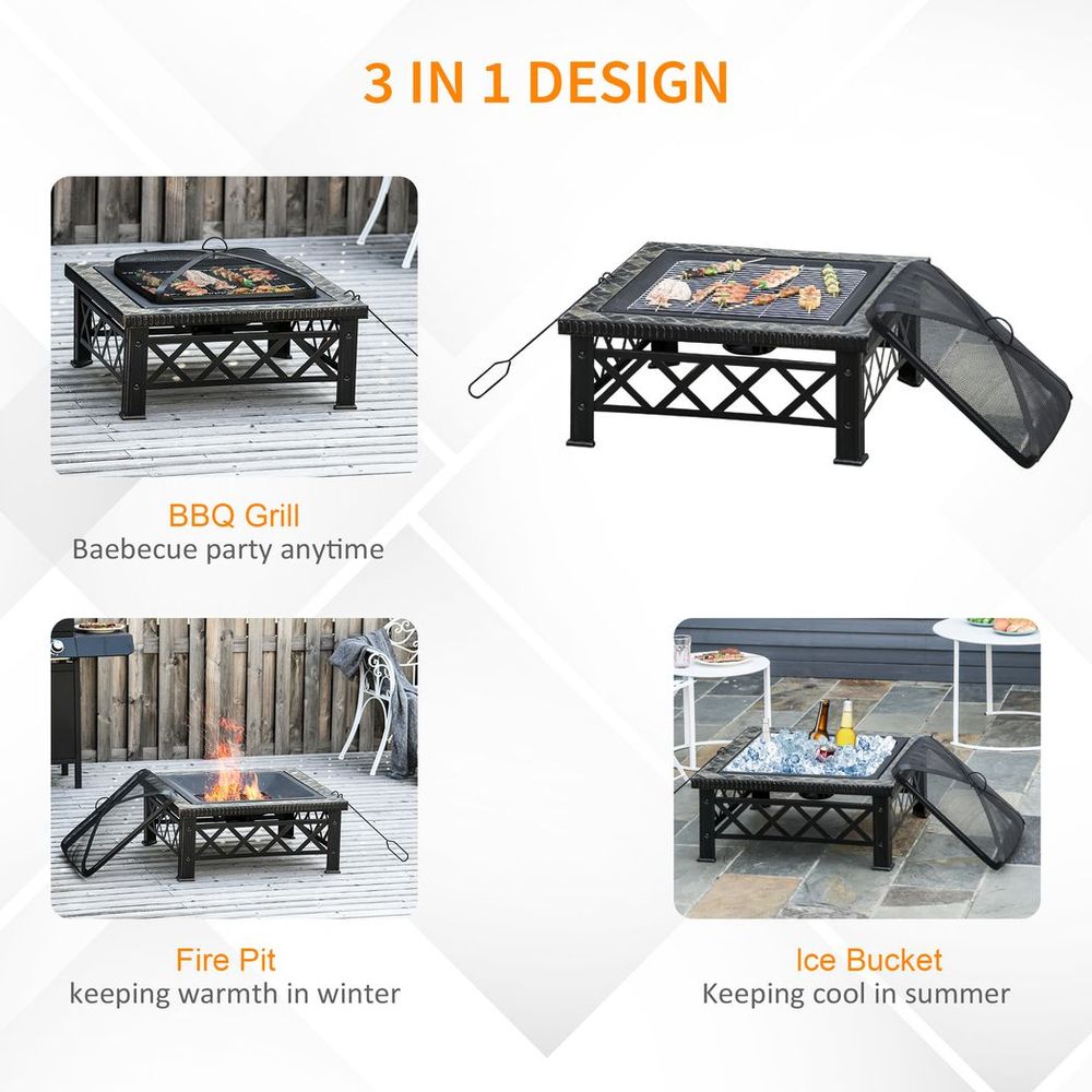 76cm Square Garden Fire Pit Square Table with Poker Mesh Cover Log Grate