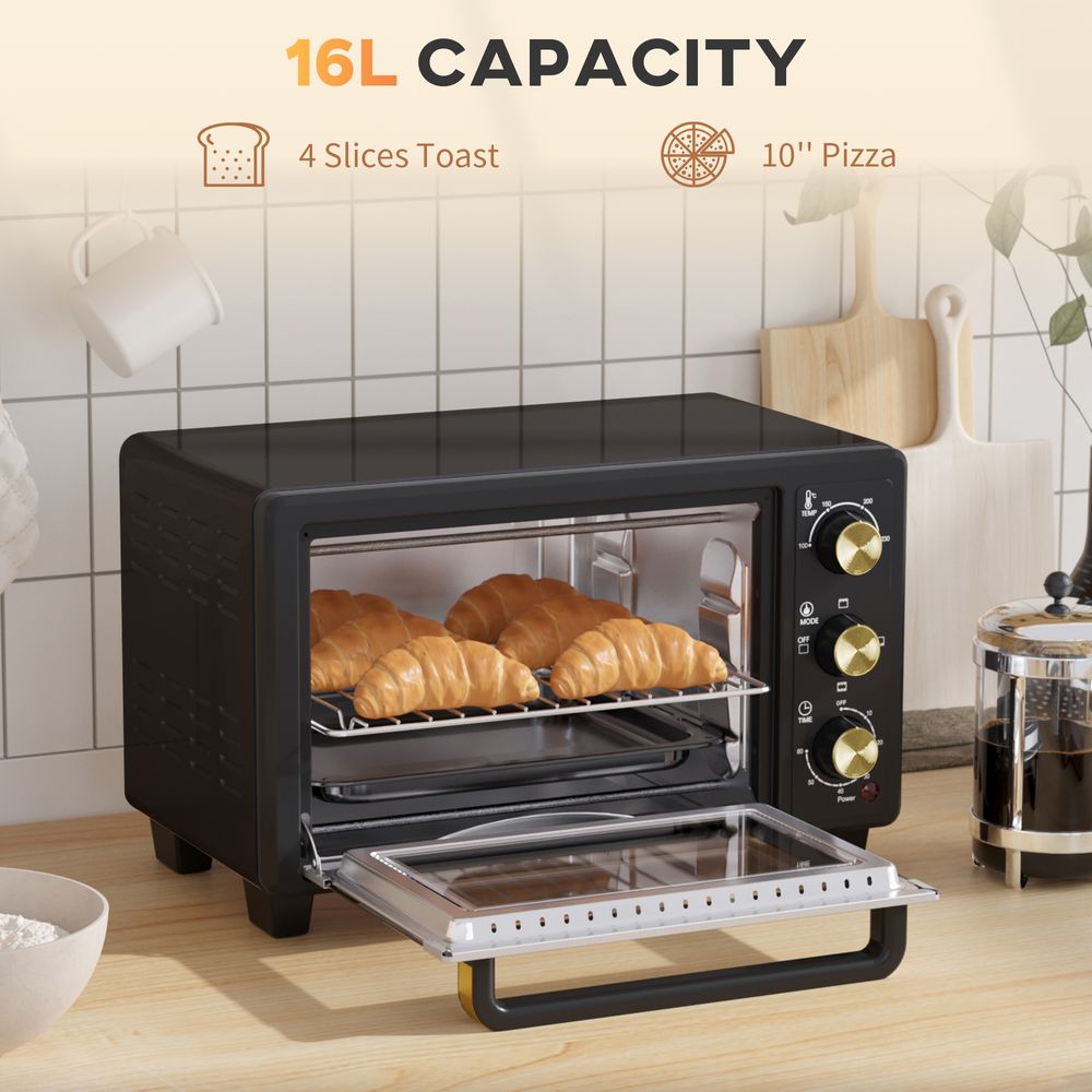 Mini Oven 16L Countertop Oven with Adjustable Temp Timer 1400W, Black