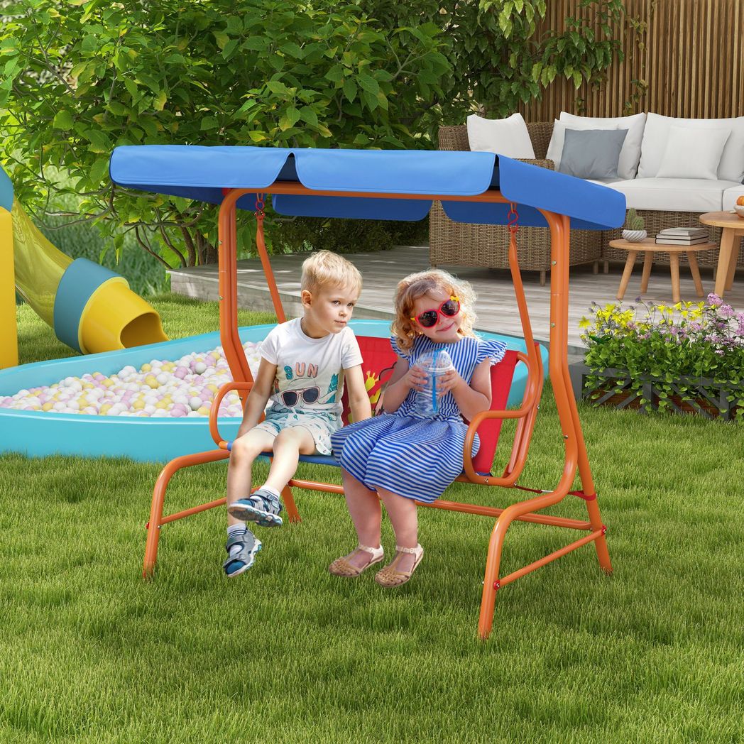 Two Seater Kids Garden Swing, Cowboy Themed kids Swing Chair with Adjustable Canopy, Safety Belts