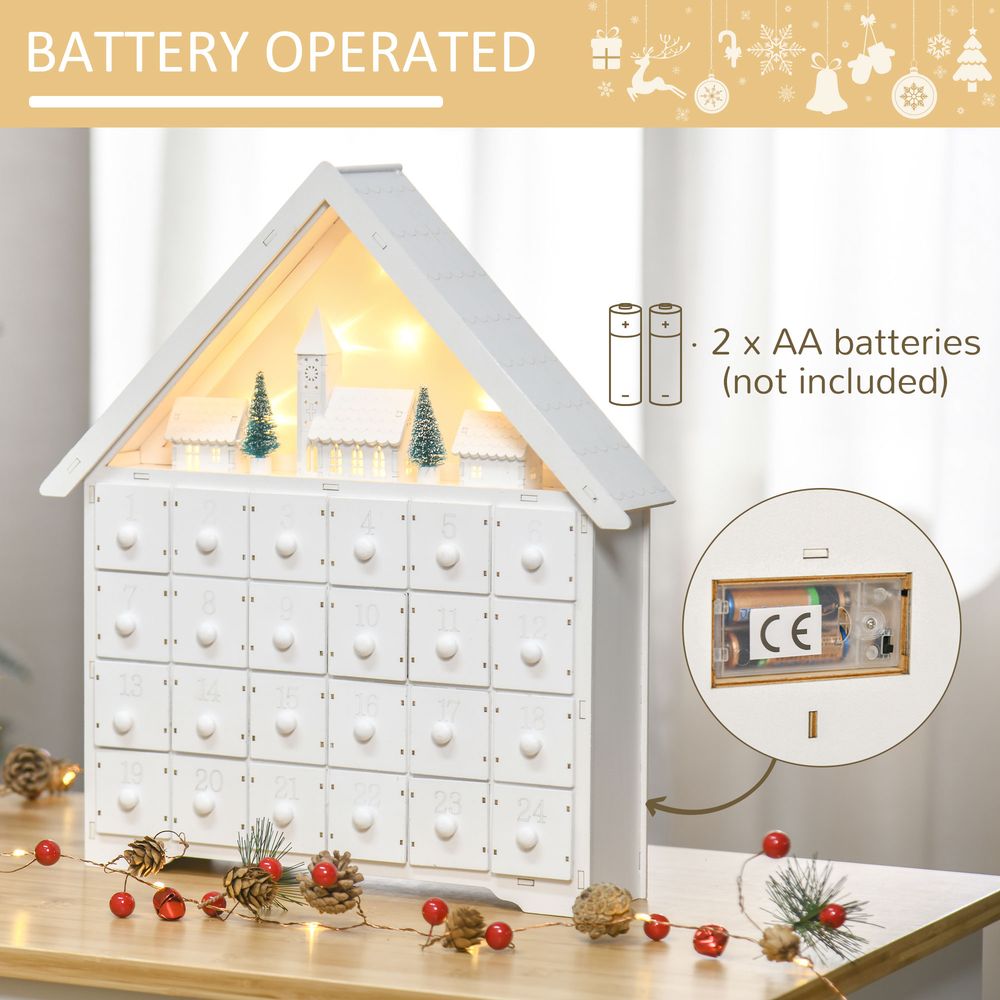 24-Drawer Christmas Advent Calendar Wooden Light-Up Countdown White