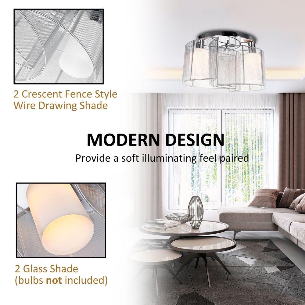 Modern Chandelier, Semi-Flush Mount Ceiling Light with 2 Light, E27 Bulb Base - White and Silver