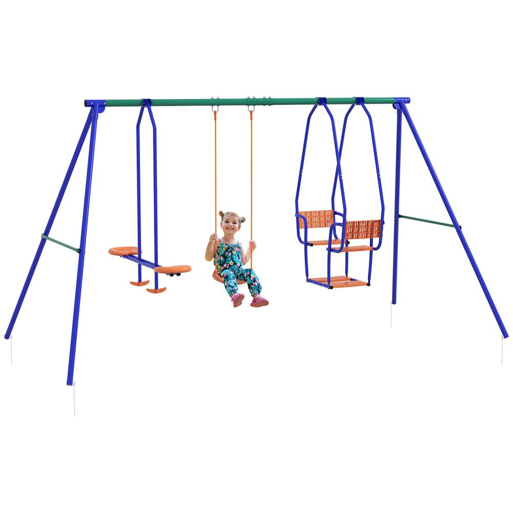 Three-In-One Kids Metal Swing Set with Swing, Glider, Rocking Chair Swing, for Ages 3+ years - Orange and Blue