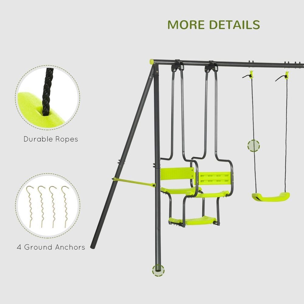 Metal Garden Swing Set with Double Swings, Glider, Swing Seats - Green