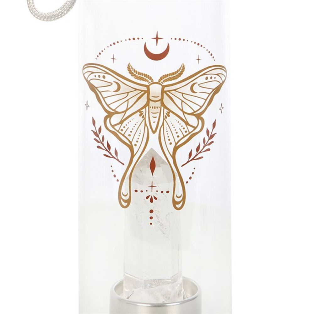 Luna Moth Glass Water Bottle with Clear Quartz Crystal