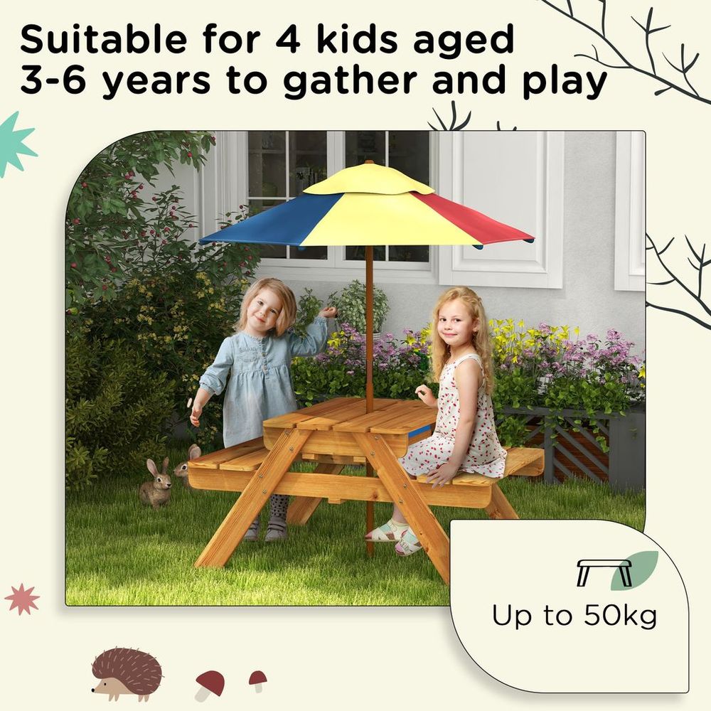 Kids Picnic Table Set with Sand and Water Table Removable Parasol - Brown