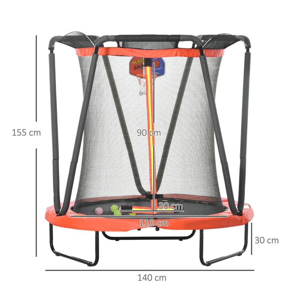 ZONEKIZ 4.6FT Kids Trampoline with Enclosure, Basketball, Sea Balls - Red